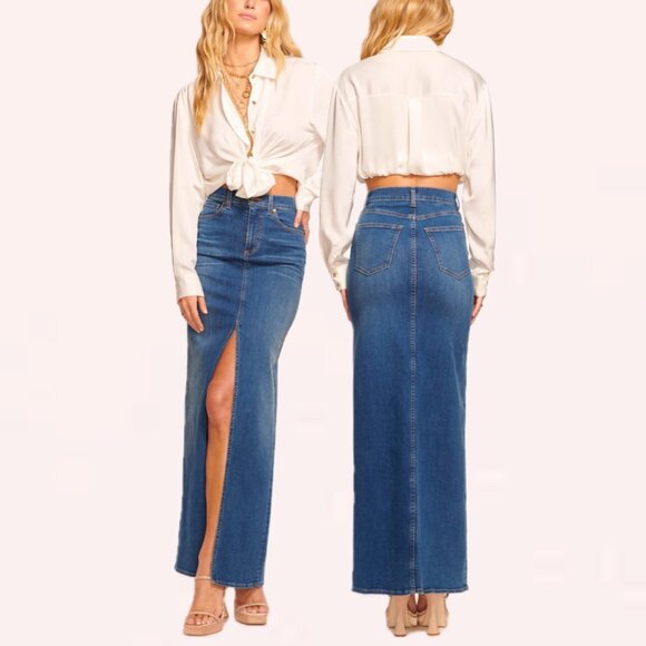 Ramy Brook Madalyn High-Rise Front-Slit Denim Maxi Skirt (Medium Wash Denim) - Picture 3 of 16